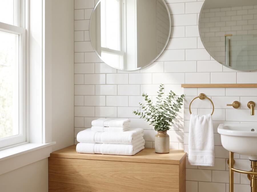 A calm bathroom with folded white towels