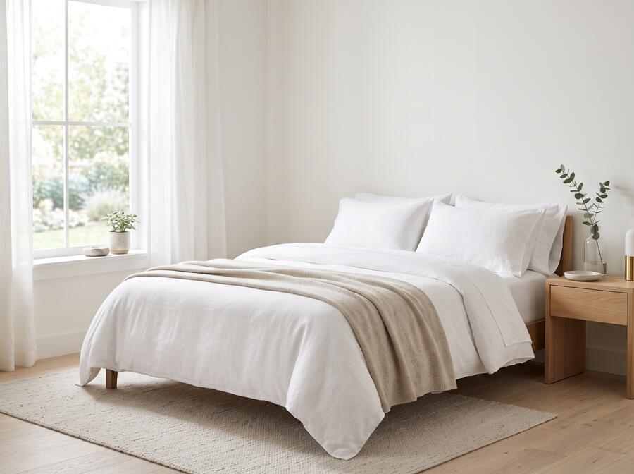 A bedroom made up with crisp white linen