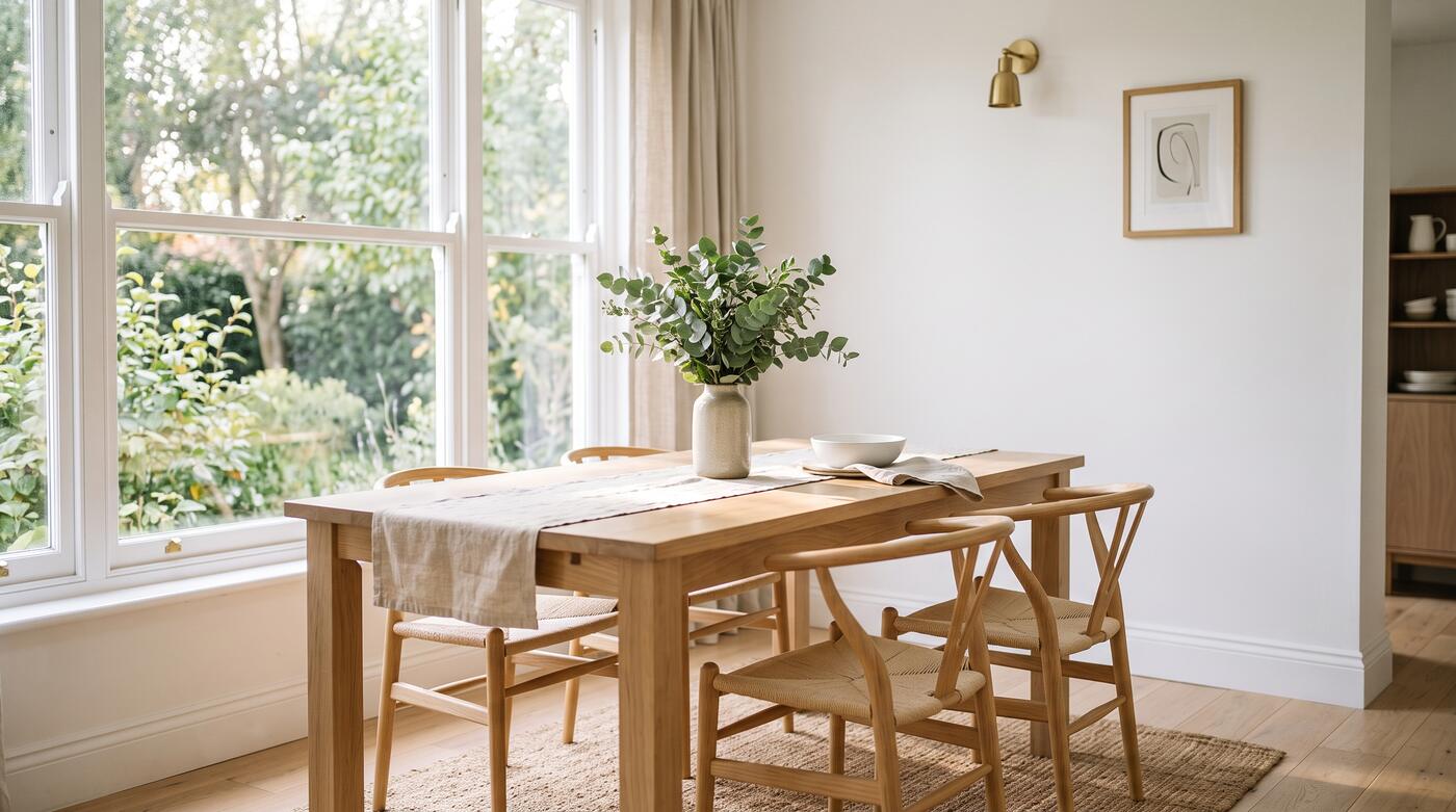 A dining area beside a large window in warm light
