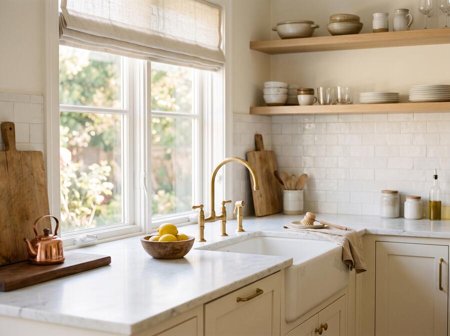A spotless kitchen counter in warm morning light